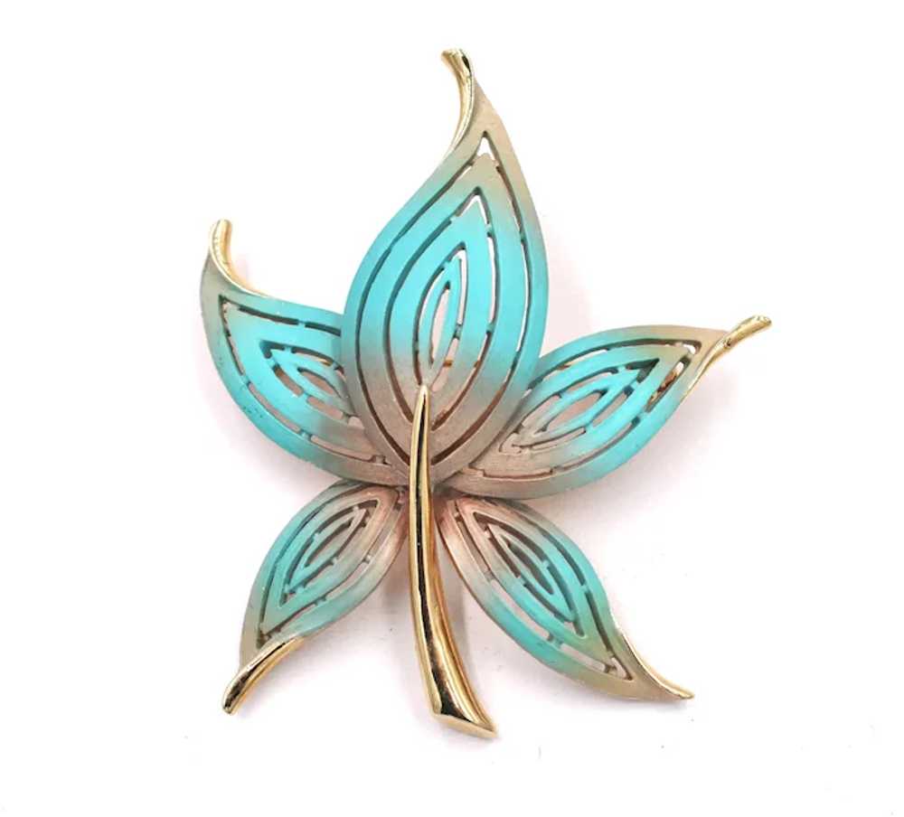 Brooch Pin Leaf Pierced Two Tone Blue Green - image 3