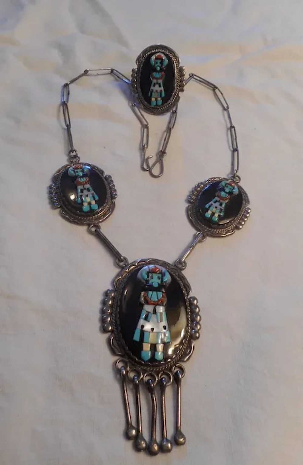 Zuni Mosaic Inlay Vintage Necklace and Ring - image 10