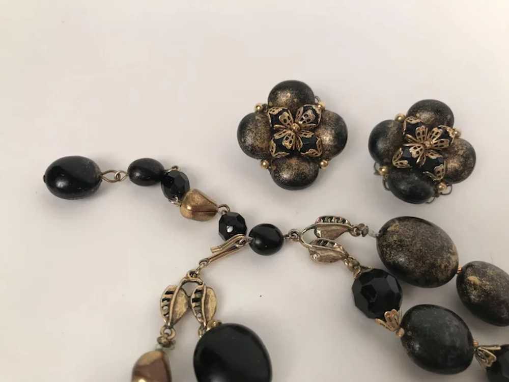 Vintage Necklace & Earrings Signed Deuville Black… - image 2