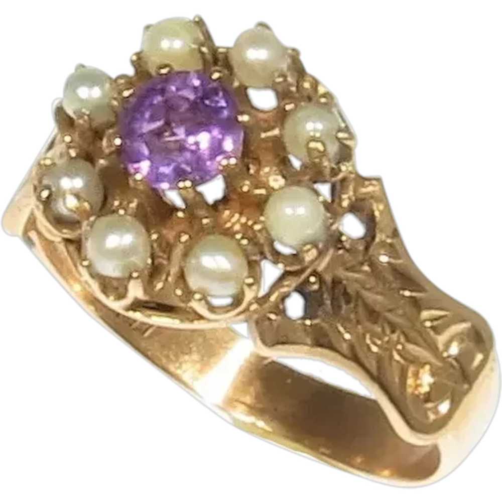 Antique Amethyst and Seed Pearl Gold Ring - image 1