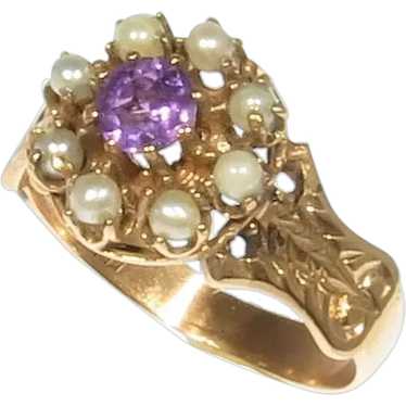 Antique Amethyst and Seed Pearl Gold Ring - image 1