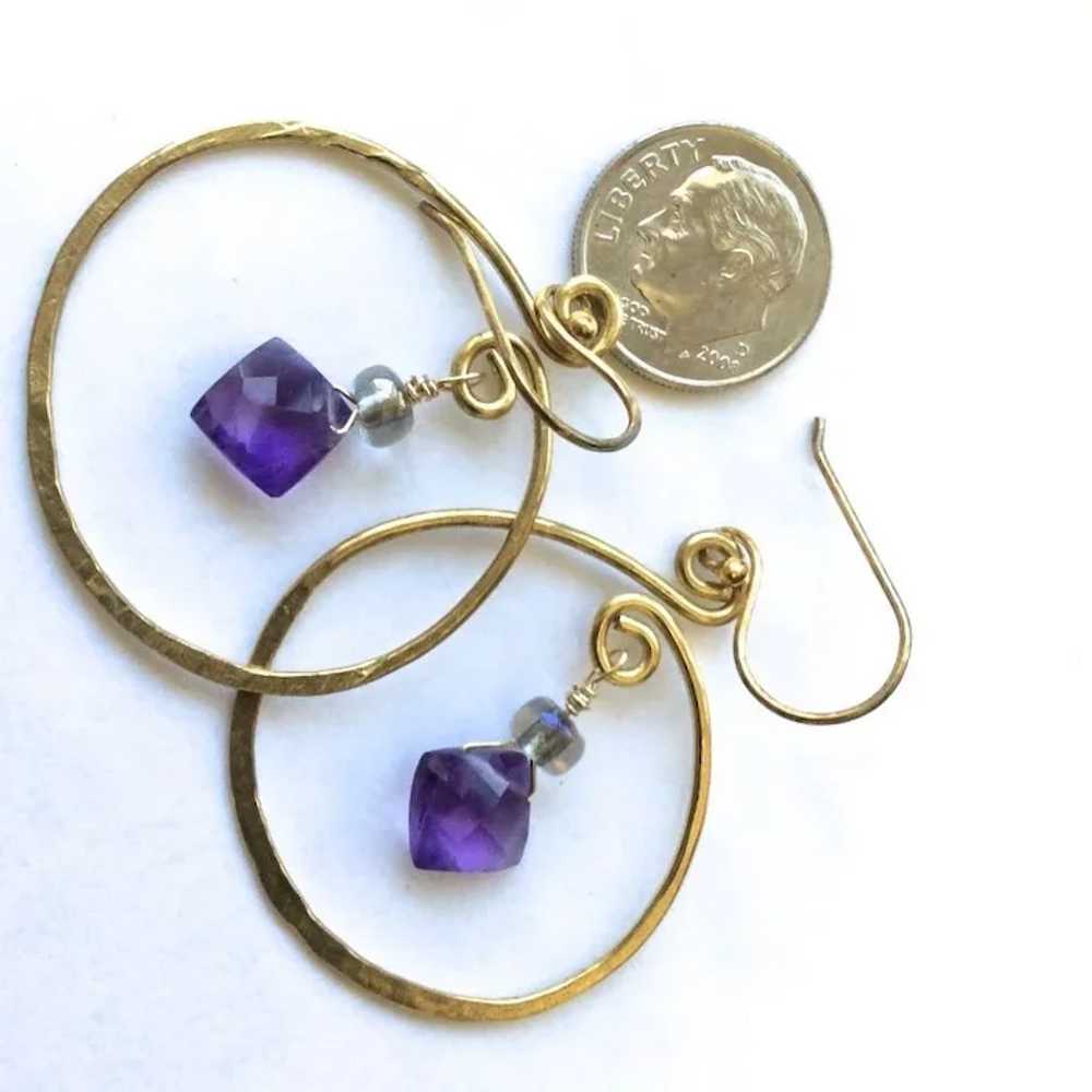 Gold filled Hoop earrings, Amethyst earrings, Gol… - image 3