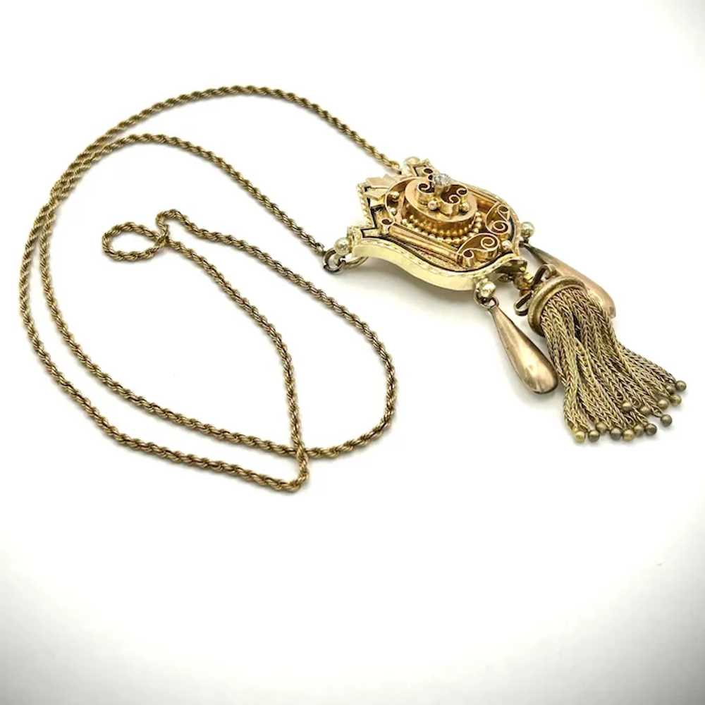 14kt Victorian tassel and diamond necklace - image 2