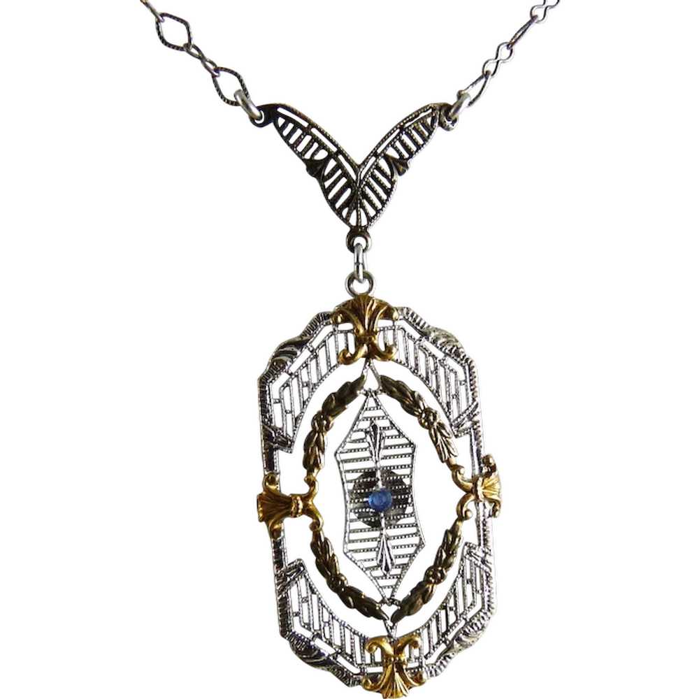 Vintage Art Deco Sterling Filigree Pendant Neckla… - image 1