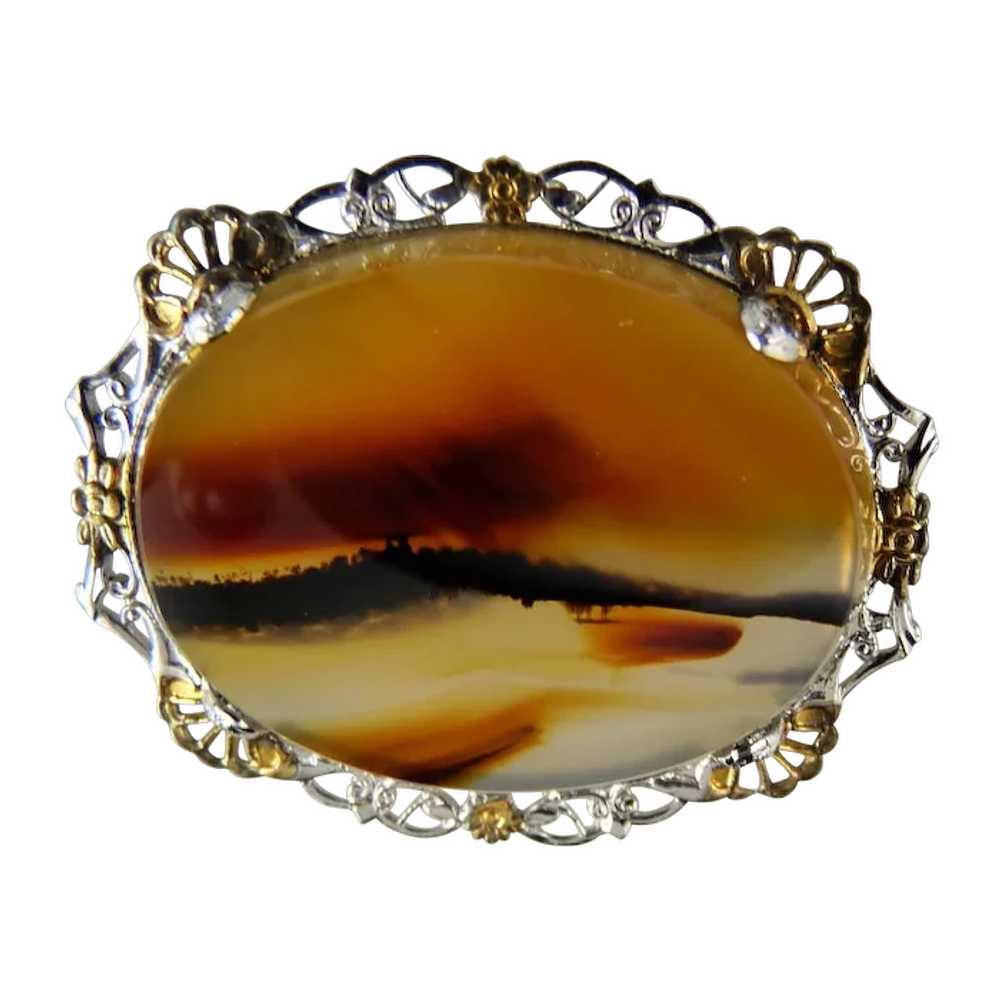 Vintage Banded Agate Pin Brooch Sterling Filigree… - image 1