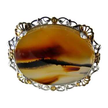 Vintage Banded Agate Pin Brooch Sterling Filigree… - image 1