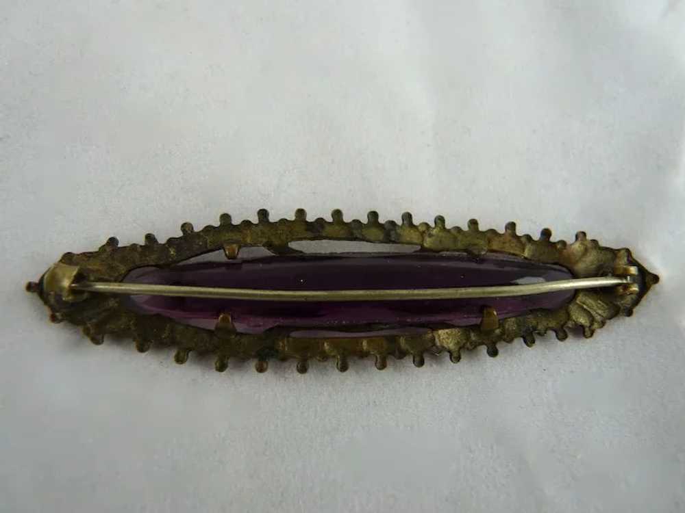 Victorian Pressed Brass Bar Pin Amethyst Glass St… - image 2