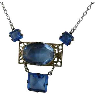 Vintage Art Deco Blue Czech Glass Filigree Neckla… - image 1