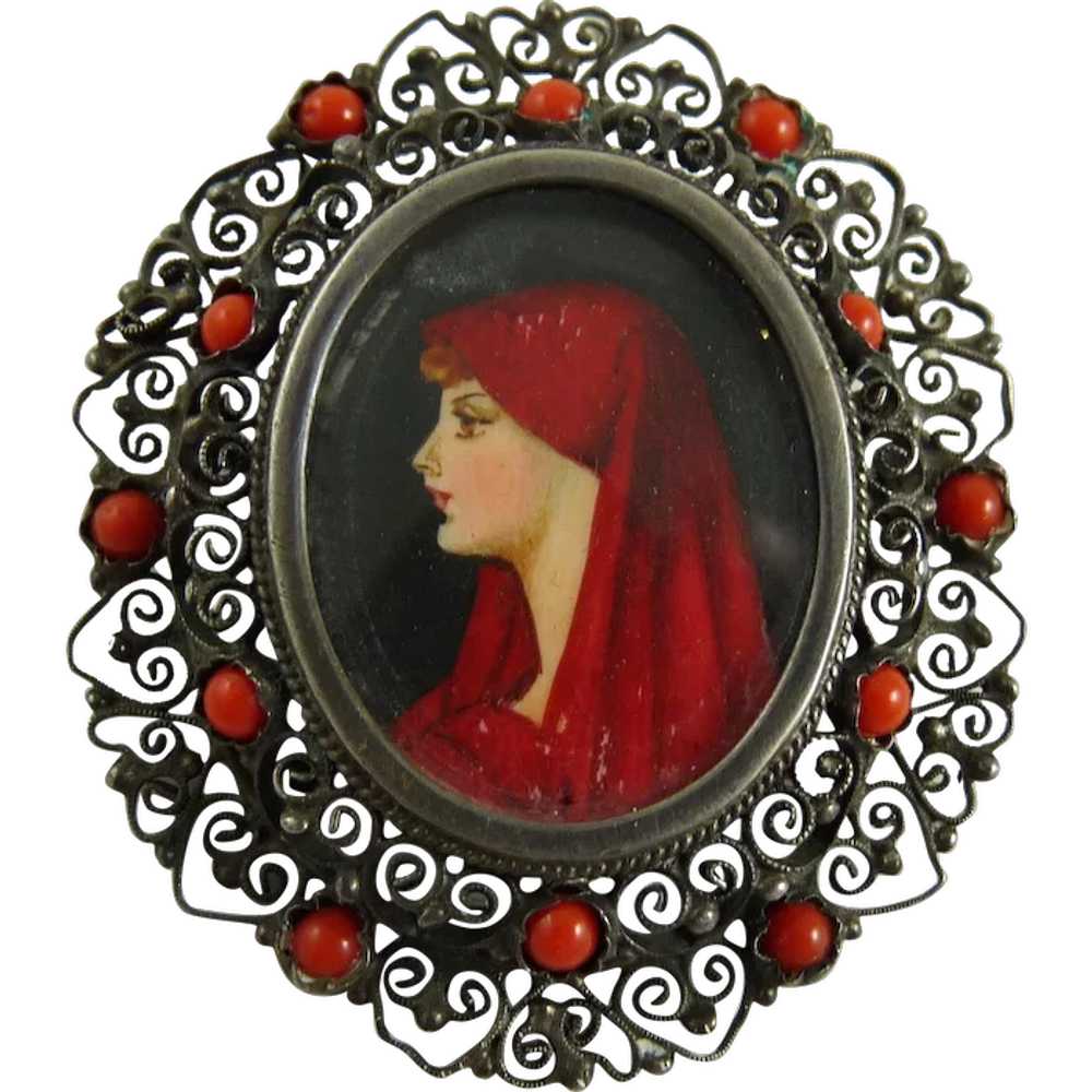 Vintage Italian Hand Painted Portrait Brooch 800 … - image 1