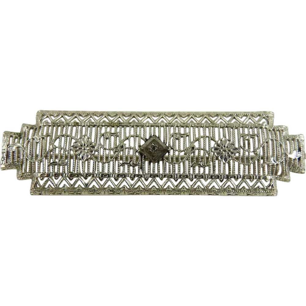 Vintage Art Deco Rhodium Filigree Bar Pin - image 1