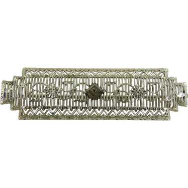 Vintage Art Deco Rhodium Filigree Bar Pin - image 1