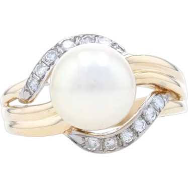 Yellow Gold Cultured Pearl & Diamond Bypass Ring -