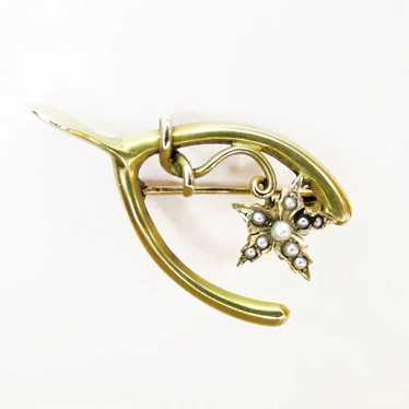 Vintage Wishbone Pin with Seed Pearl Flower - image 1