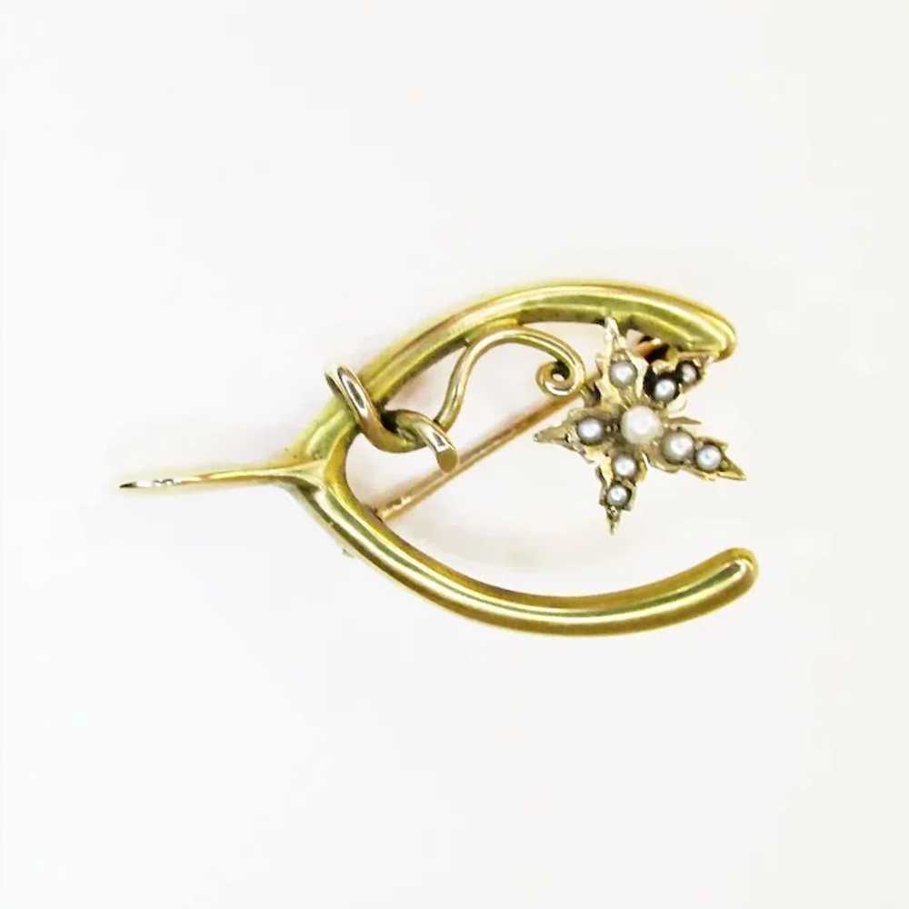 Vintage Wishbone Pin with Seed Pearl Flower - image 2