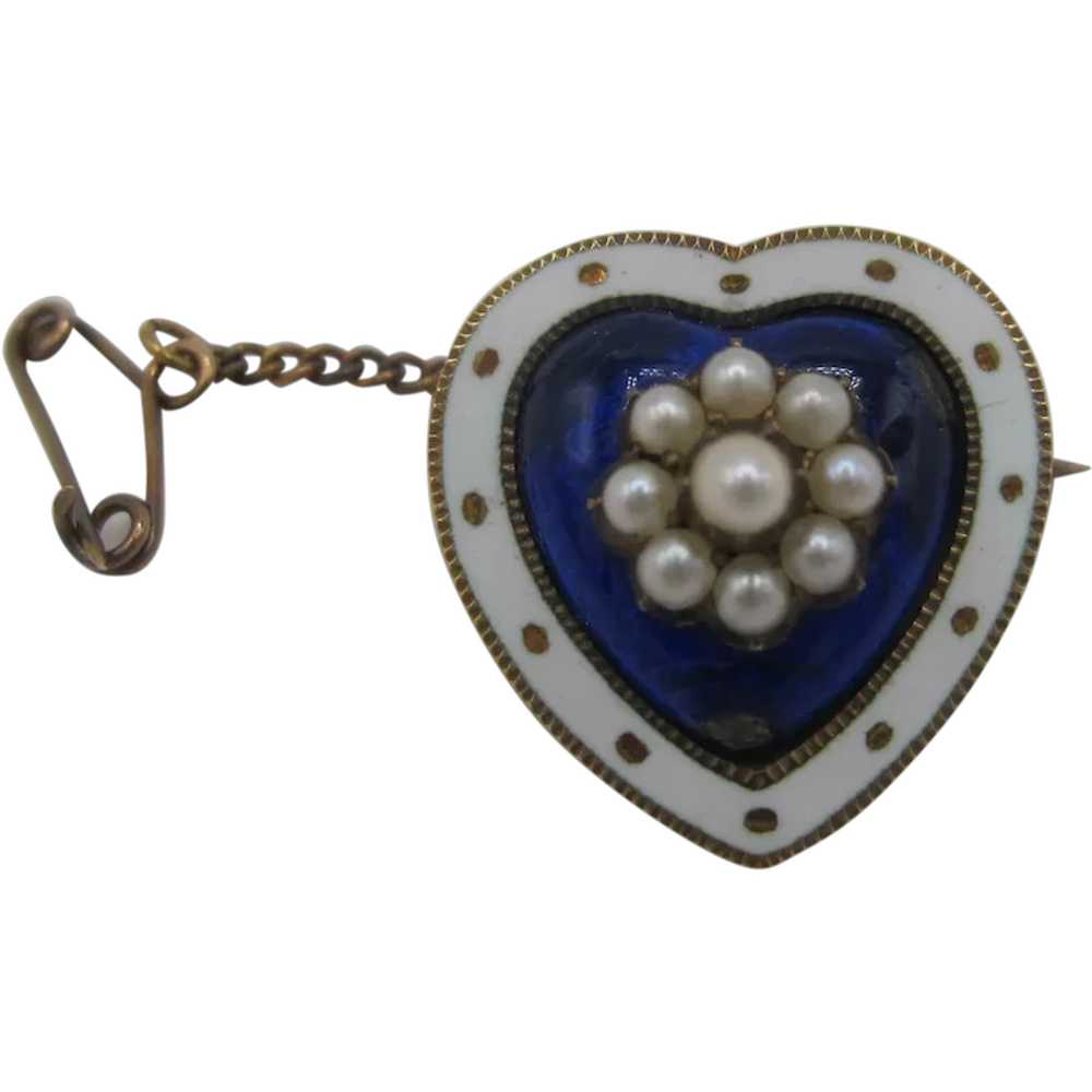 Sweet 15K Enamel Heart Brooch with Pearls - image 1