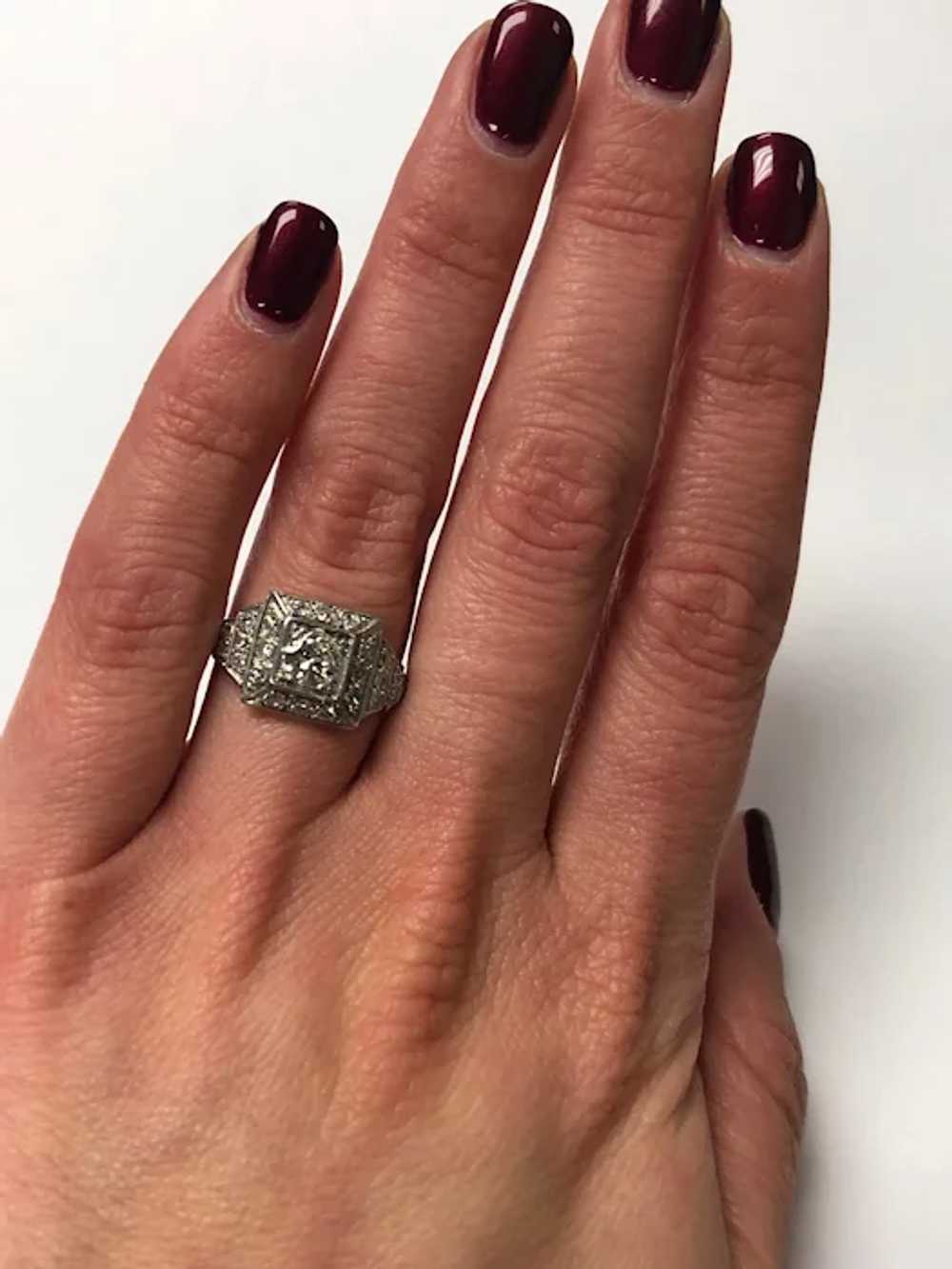 Platinum Art Deco Halo Engagement Ring - image 9