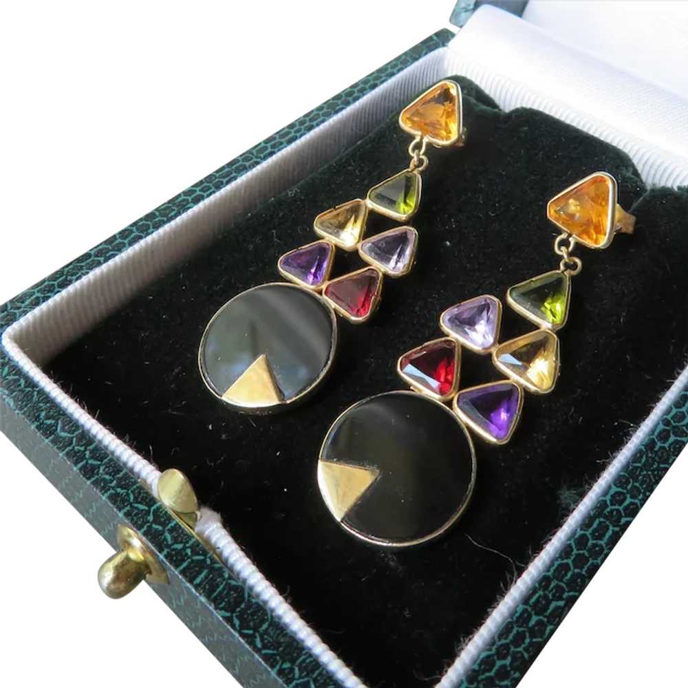 Vintage Designer 14K Multi Gemstone Drop Earrings - image 1
