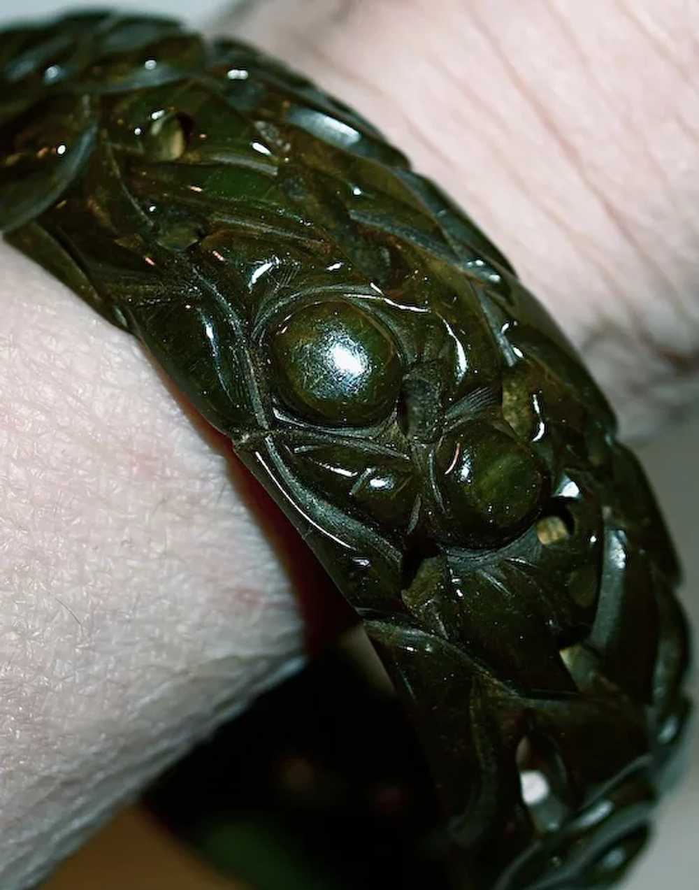 Pierced & Heavily Carved 1" Spinach-Green Bakelit… - image 4