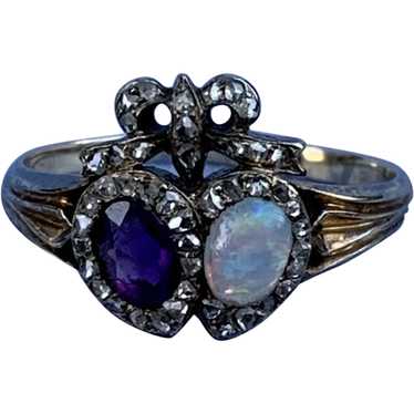 Double Heart and Crown Ring, Georgian, Amethyst an