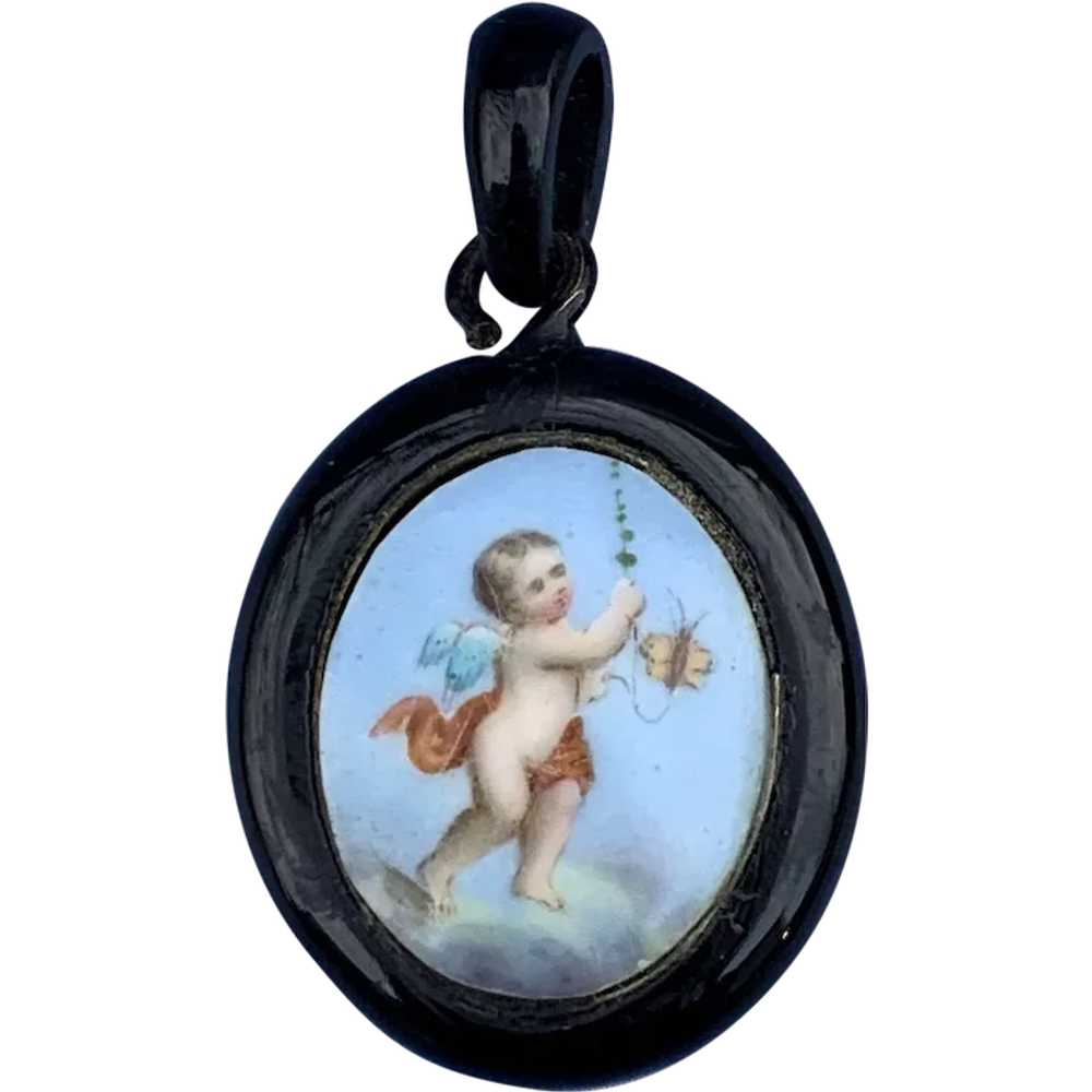 Carved Jet Locket With Cupid Painted on Porcelain… - image 1