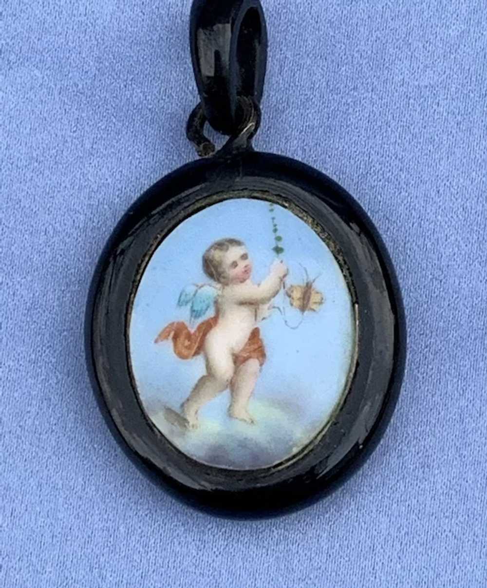 Carved Jet Locket With Cupid Painted on Porcelain… - image 2