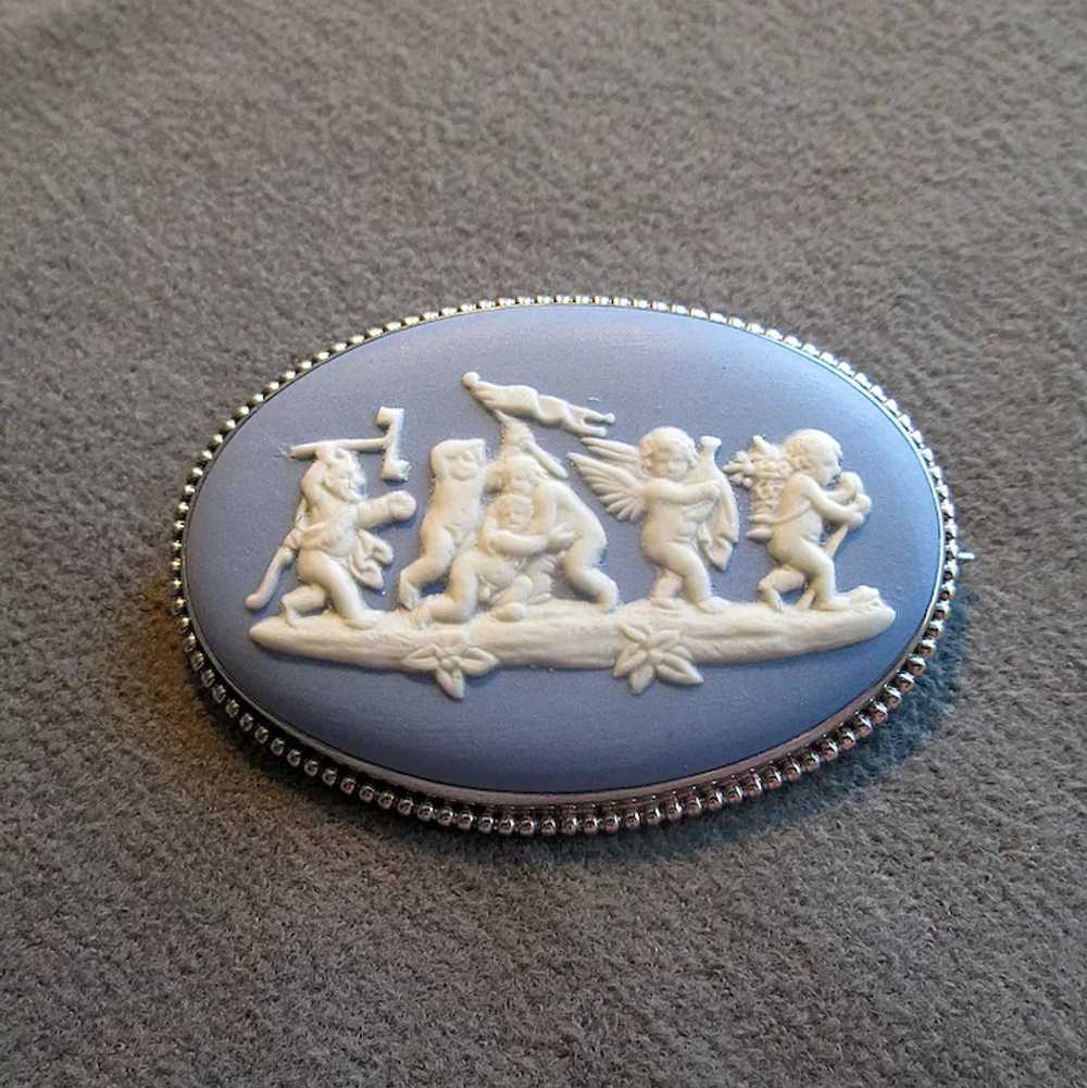 SS Blue & White Wedgwood Cameo Pin with Original … - image 2