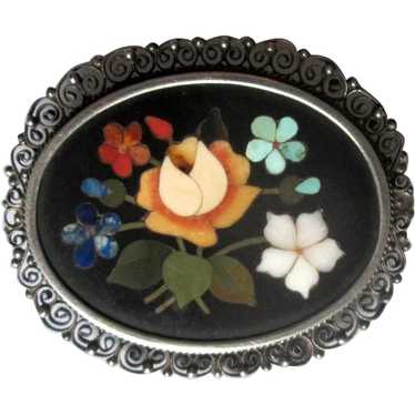 800 Silver Italian Inlaid Petra Dura Brooch - image 1