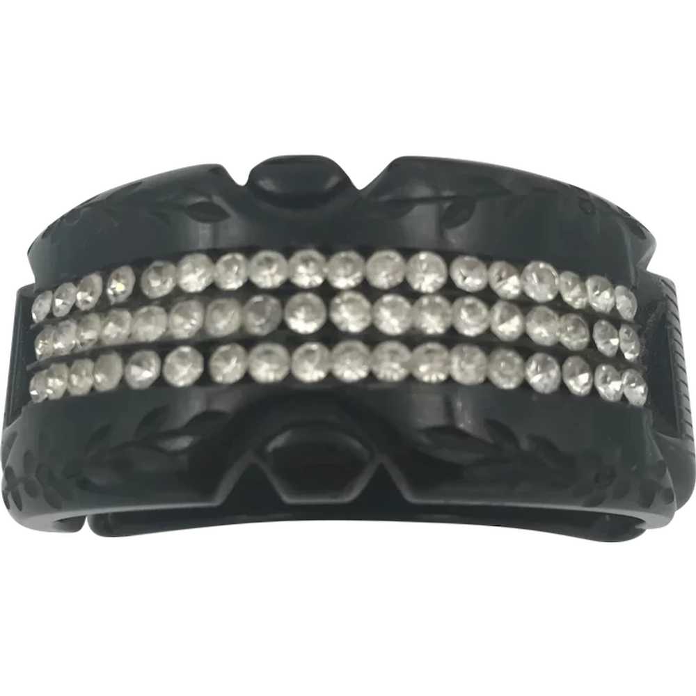 Black Carved Top Bakelite Clamper with Rhinestones - image 1