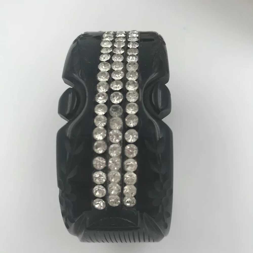 Black Carved Top Bakelite Clamper with Rhinestones - image 2