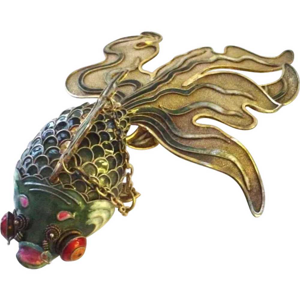 7" Articulated Chinese Fish Enamel on Sterling Si… - image 1