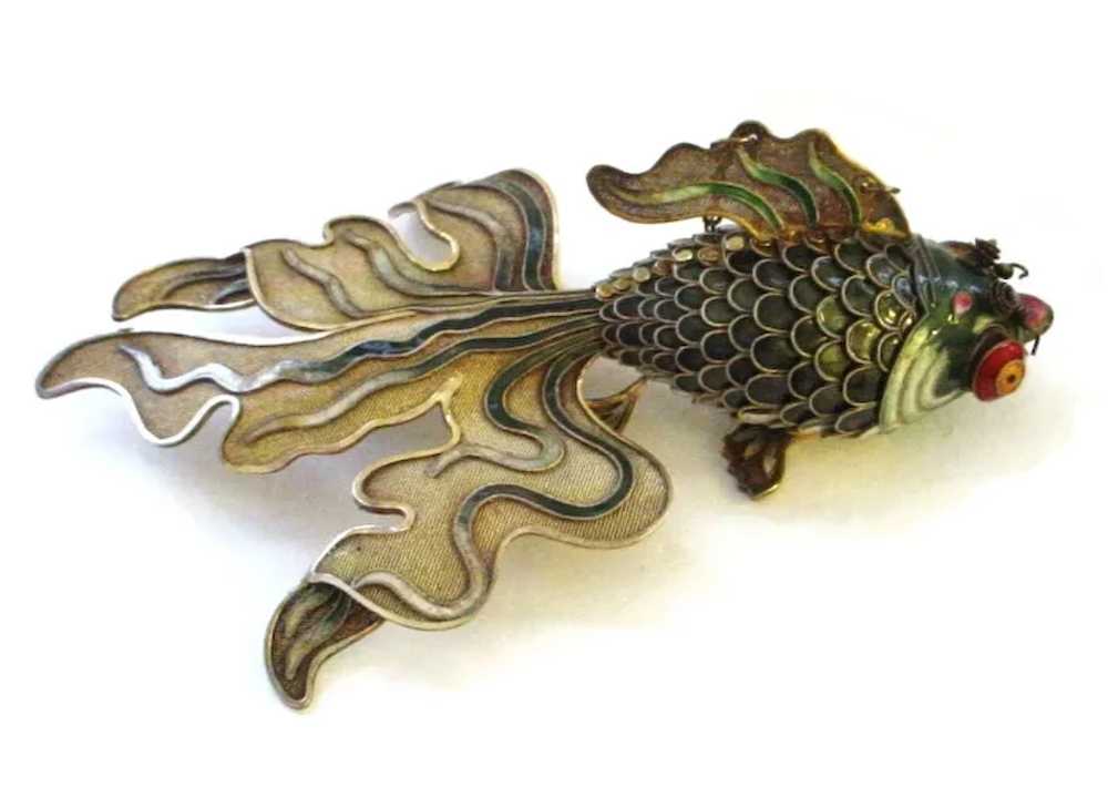 7" Articulated Chinese Fish Enamel on Sterling Si… - image 2
