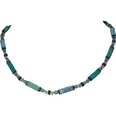 Crystal & Beaded Necklace, Turquoise Bead Cylinder