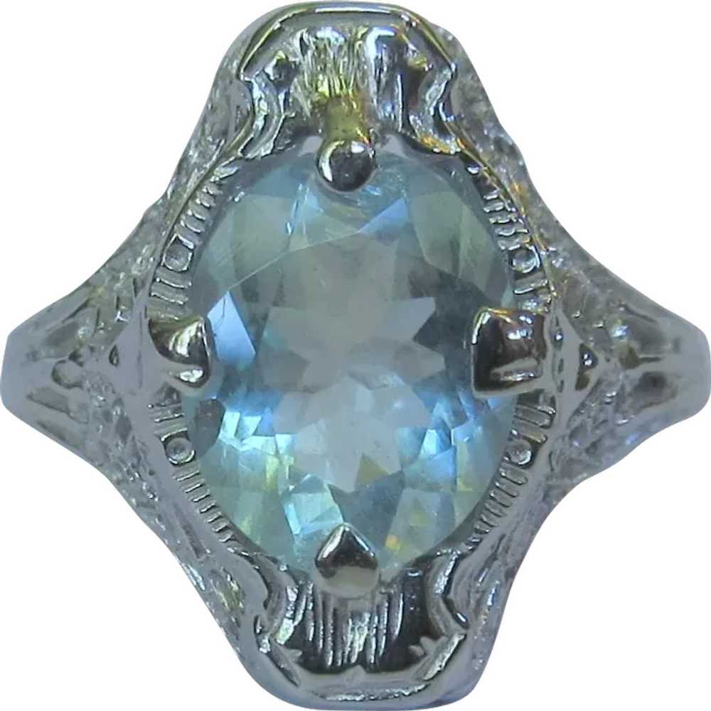 14K Filigree Ring, Sky Blue Topaz, 20's Art Deco - image 1