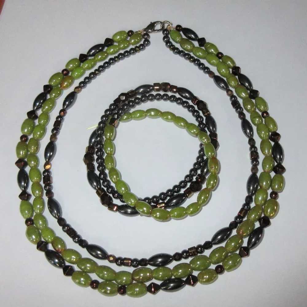 Vintage Necklace & Bracelet Set, 3 Strand Iridesc… - image 4