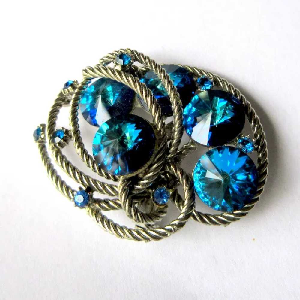 Blue Rivoli Rhinestone Brooch, Vintage 50's Pin, … - image 2