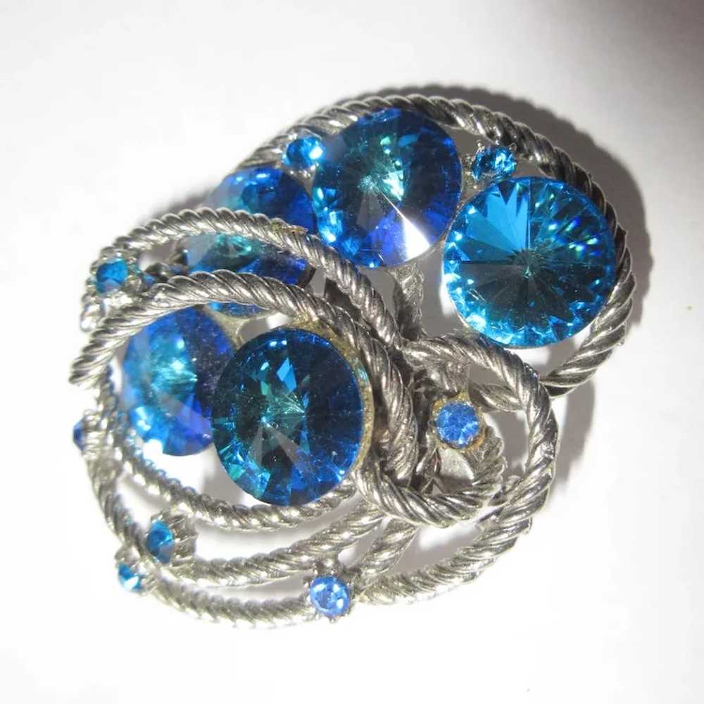Blue Rivoli Rhinestone Brooch, Vintage 50's Pin, … - image 3