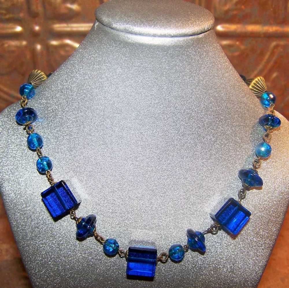 Lovely Deco Style Blue Glass Bead  Choker with Br… - image 2