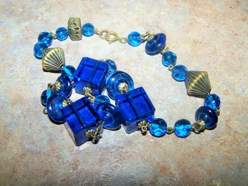 Lovely Deco Style Blue Glass Bead  Choker with Br… - image 4