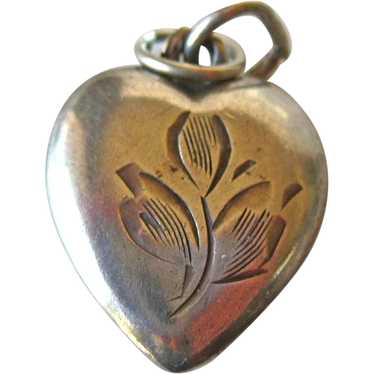 Vintage Sterling Puffy Heart Charm with Floral Des