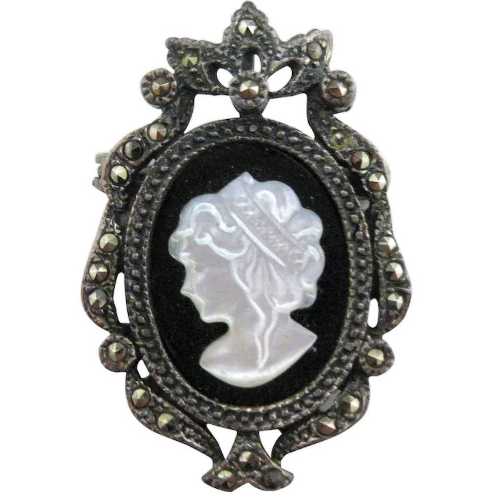 Classic Sterling Silver Cameo Marcasite Mother of… - image 1