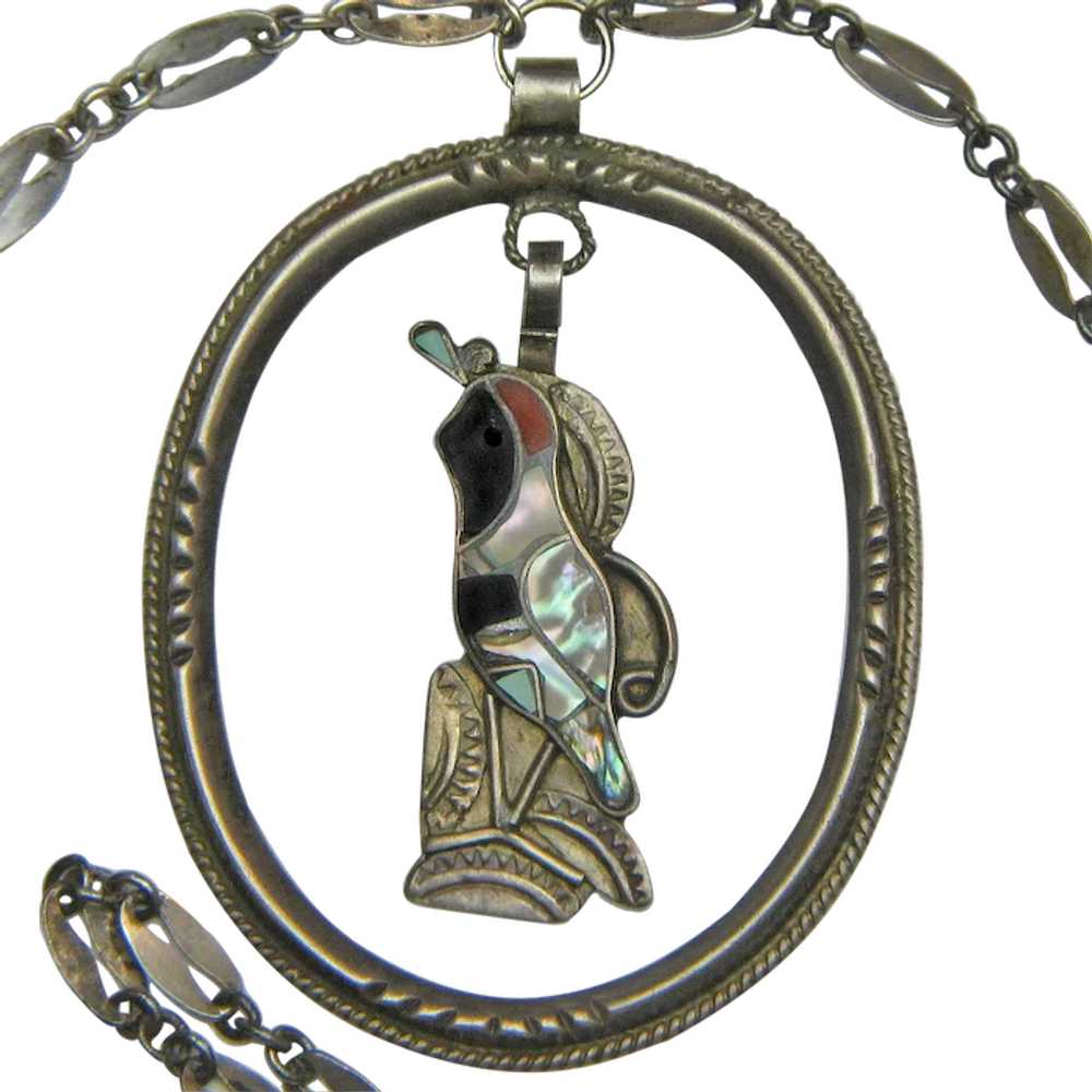 Silver Inlaid Quail Pendant with Antique Necklace… - image 1