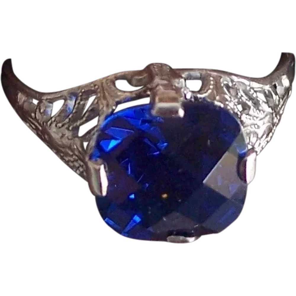 10K White Gold Filigree Ring Art Deco Blue Gemsto… - image 1