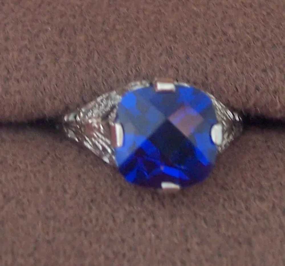 10K White Gold Filigree Ring Art Deco Blue Gemsto… - image 6
