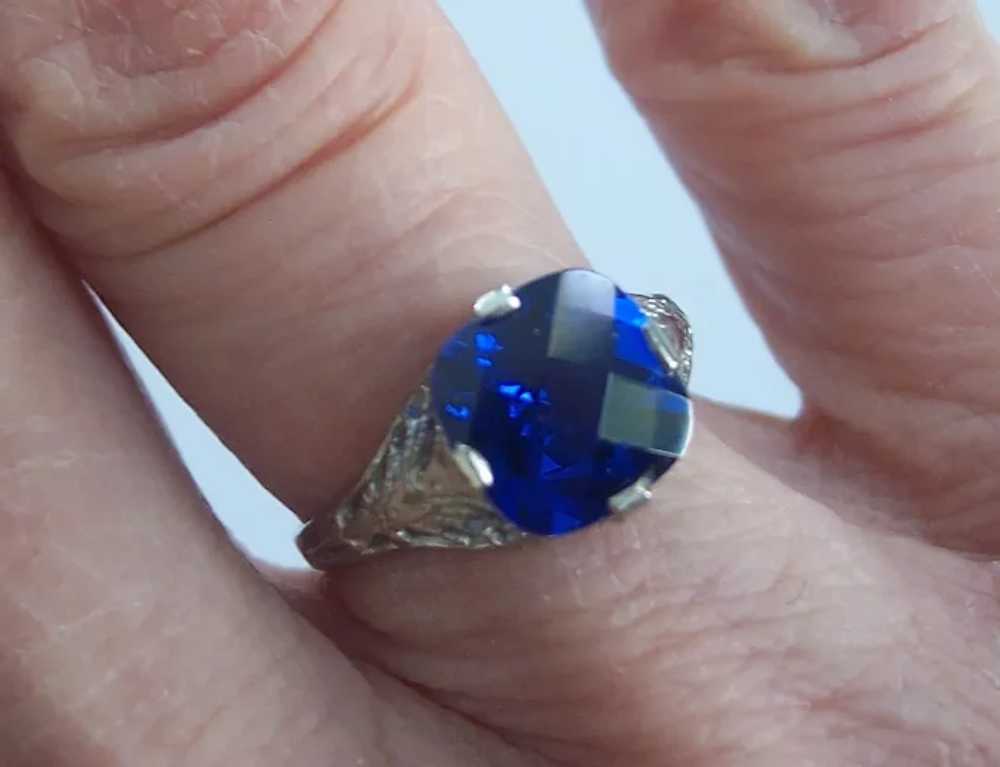 10K White Gold Filigree Ring Art Deco Blue Gemsto… - image 7