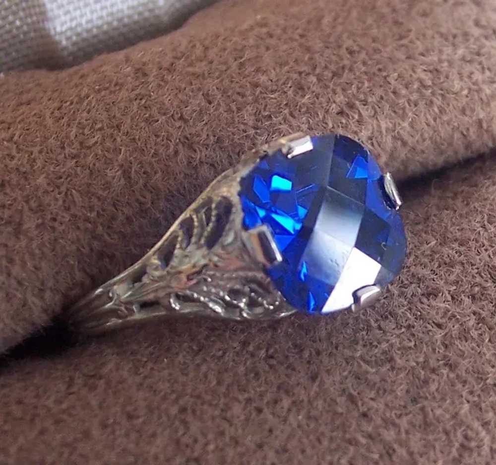 10K White Gold Filigree Ring Art Deco Blue Gemsto… - image 8