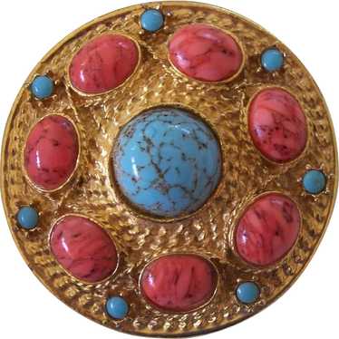 Vintage Faux Coral & Turquoise Gold tone Brooch - image 1