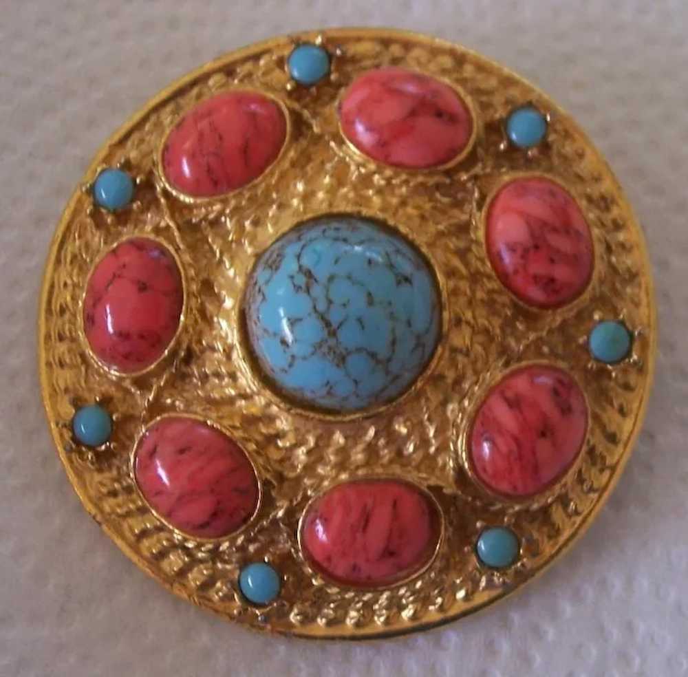 Vintage Faux Coral & Turquoise Gold tone Brooch - image 2