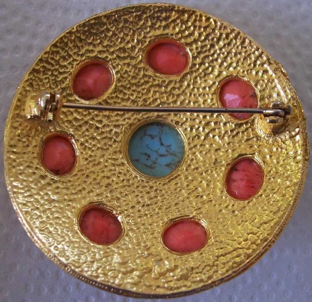 Vintage Faux Coral & Turquoise Gold tone Brooch - image 3