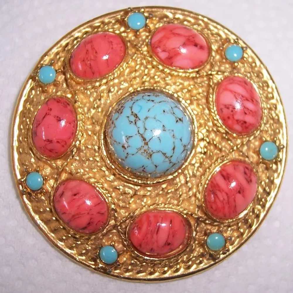 Vintage Faux Coral & Turquoise Gold tone Brooch - image 4