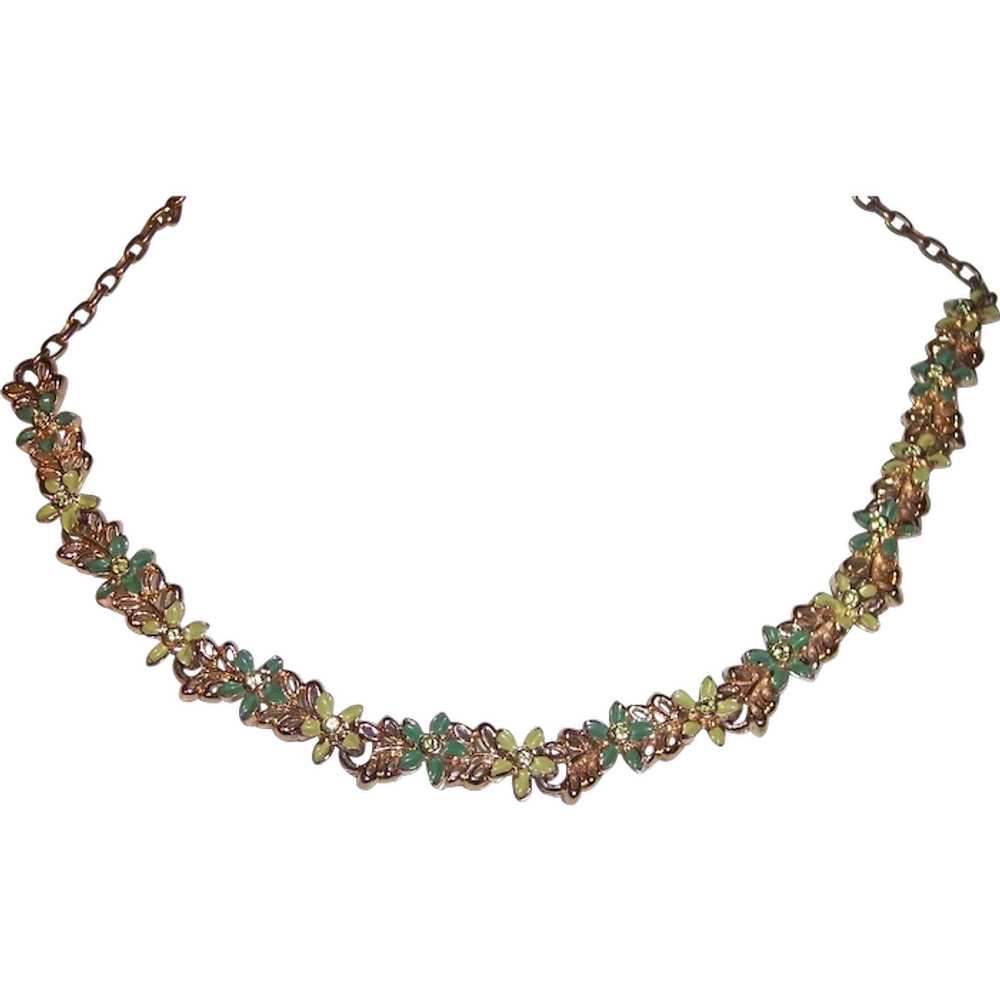 Vintage Green Enamel & Rhinestone Floral Necklace - image 1